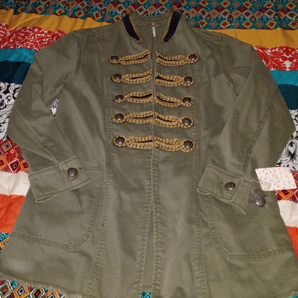 Nwt Free People Army Green Military Long Coat Jacket Trench L 12 Buttons